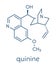 Quinine malaria drug molecule. Isolated from cinchona tree bark. Skeletal formula.