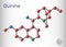 Quinine molecule. It is natural alkaloid derived from the bark of the cinchona tree. Molecule model. Sheet of paper in a cage