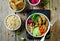 Quinoa Beet Hummus Falafel Bowl in a bowl