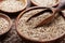 Quinoa in bowl on wooden kitchen table. Healthy and diet superfood product