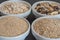 Quinoa, brown rice and oats. Healthy whole grain cereals. Vegan food concept