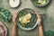 Quinoa, kale, green beans, avocado, egg bowls flat-lay