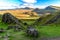 Quiraing Pass Skye Island Scotland landmark autumn sunset