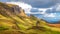 Quiraing Pass Skye Island Scotland landmark autumn sunset