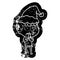 quirky cartoon distressed icon of a curious boy wearing santa hat