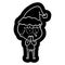 quirky cartoon icon of a curious boy wearing santa hat
