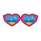 Quirky cartoon patch. Sunglasses in the shape of hearts with the reflection of the beach.