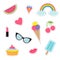 Quirky cartoon sticker patch badge set. Fashion pin collection. Lipstick, heart, rainbow, cloud, cupcake, diamond, ice cream
