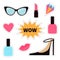 Quirky cartoon sticker patch badge set. Fashion pin. Lipstick, heart, wow text bubble star, diamond, shoes, lips, sunglasses, nail