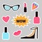 Quirky cartoon sticker patch badge set. Fashion pin. Lipstick, heart, wow text bubble star, diamond, shoes, lips, sunglasses, nail