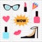 Quirky cartoon sticker patch badge set. Fashion pin. Lipstick, heart, wow text bubble star, diamond, shoes, lips, sunglasses, nail