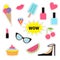 Quirky cartoon sticker patch badge set. Fashion pin. Lipstick, heart, wow text, cupcake, diamond, shoes, ice cream, watermelon
