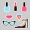 Quirky cartoon sticker patch badge set. Woman Fashion pin. Lipstick, diamond gem, shoes, lips, sunglasses, eye glasses, nail