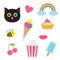 Quirky cartoon sticker patch badges set. Fashion pin collection. Cat, heart, rainbow, cloud, cupcake, bee, ice cream, popcorn