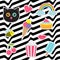 Quirky cartoon sticker patch badges set. Fashion pin collection. Cat, heart, rainbow, cloud, cupcake, bee, ice cream, popcorn, lip