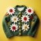 Quirky Charm: A Playfully Conceptual Green Sweater With Floral Accents