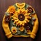 Quirky Charm: Sunflower Sweater With Handcrafted Beauty And Colorful Woodcarvings