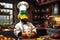 Quirky Culinary Maestro: Duck Adorned in Tailored Chef Uniform, Poised in Rustic Kitchen Ambiance, Crafting Culinary Delights