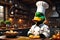 Quirky Culinary Maestro: Duck Adorned in Tailored Chef Uniform, Poised in Rustic Kitchen Ambiance, Crafting Culinary Delights