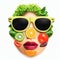 Quirky food concept of female face in sunglasses made of fruits and vegetables, isolated on white