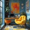 Quirky home office with colorful artwork and unconventional furniture3D render.