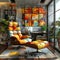 Quirky home office with colorful artwork and unconventional furniture3D render.