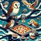 Quirky illustration of owls in a tree sharing slices of mozzarella tomato sauce pizza, winter season