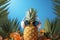 A quirky pineapple dons white headphones, grooving to music, framed by palm leaves