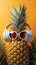 A quirky pineapple dons white headphones, grooving to music, framed by palm leaves