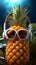 A quirky pineapple dons white headphones, grooving to music, framed by palm leaves