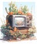 Quirky Plant Design: Cartoon and Hyper-Realistic Succulents Adorn Abandoned Television in Wasteland