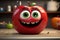 Quirky red apple with eyes, a humorous kitchen plate scene