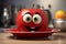 Quirky red apple with eyes, a humorous kitchen plate scene