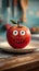 Quirky red apple with eyes, a humorous kitchen plate scene