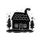 Quirky rural cabin holiday home vector illustration. Block print real estate graphic for scandi winter scene doodle