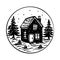 Quirky rural cabin holiday home vector illustration. Block print real estate graphic for scandi winter scene doodle