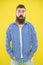 Quite surprised. Beard fashion and barber concept. Man bearded hipster stylish beard yellow background. Barber tips