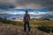 Quito - August 21, 2018: Tourist overlooking the city of Quito, Ecuador