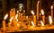 QUITO, ECUADOR, FEBRUARY 22, 2018: Close up of candles over a metallic structure inside of Santo Domingo Church in Quito