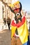 QUITO, ECUADOR - JANUARY 11, 2018: Close up of unidentified man wearing a devil mask and walking in the streets during a