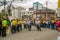 QUITO, ECUADOR - JULY 7, 2015: Three motorcycles helping pope Francisco with their security, police and people on the