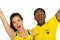 QUITO, ECUADOR - MAY 06, 2017: Close up of a young ecuadorian couple wearing official Marathon football shirt standing