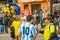 QUITO, ECUADOR - OCTOBER 11, 2017: Close up of reporter talking to some Argentina fans surrounding with a crowd of