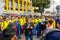 QUITO, ECUADOR - OCTOBER 11, 2017: Close up of reporter talking to some ecuadorian fans surrounding with a crowd of