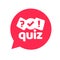 Quiz logo icon vector symbol, flat cartoon red bubble speech with question and check mark signs as competition game or