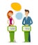 Quiz show, game concept. Players answering questions standing at stand with buttons. Vector flat illustration