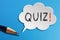 Quiz time concept, speech bubble with pencil on blue background