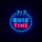 Quiz time neon sign. Play game concept. Exam design. Blue circle frame. Glowing effect banner. Vector stock illustration