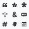 Quote, asterisk footnote icons. Hashtag symbol.