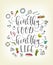 Quote Healthy food - healthy life. Lettering. Elements of food and kitchen utensils.